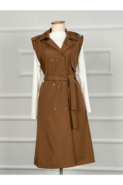 RACE FASHİON Belted Waist Double Pocket Vest Trench Coat Rc3037