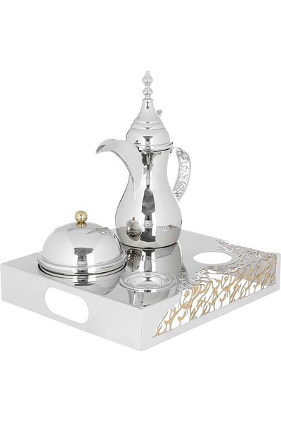 Alsaif Gallery Steel hospitality set (dallah + dates + noa plate) Al Saif Gallery, 4 pieces, base - silver
