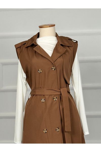 RACE FASHİON Belted Waist Double Pocket Vest Trench Coat Rc3037