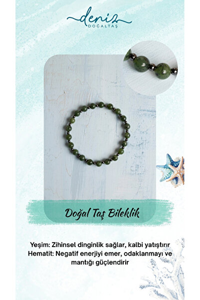 Deniz Doğal Taş Sertifikalı Yeşim ve Hematit Taşlı Doğal Denge Bilekliği