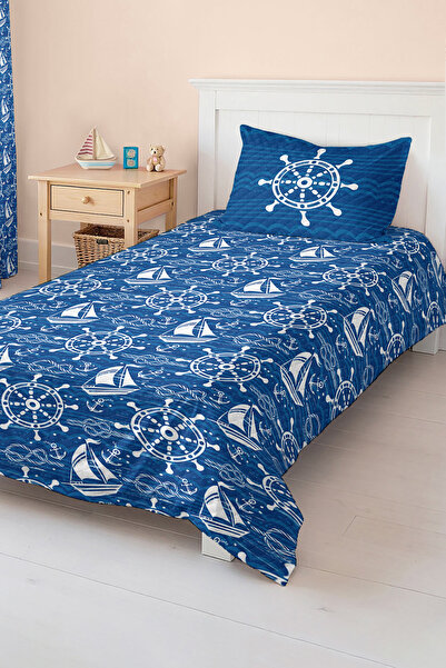 Realhomes مجموعة مفرش سرير بيكيه لغرفة الأطفال والمراهقين بنمط القارب الأزرق