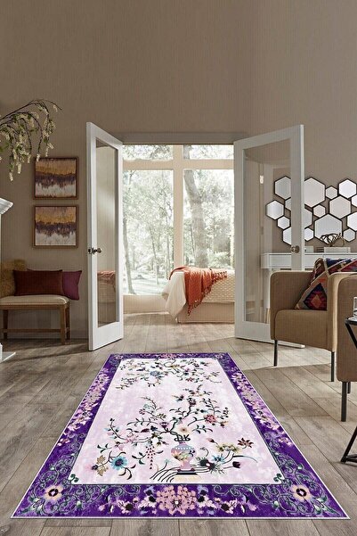 on the clouds Mavi Zemin Çiçek Desenli Yıkanabilir Kaymaz Taban Leke Tutmaz M...