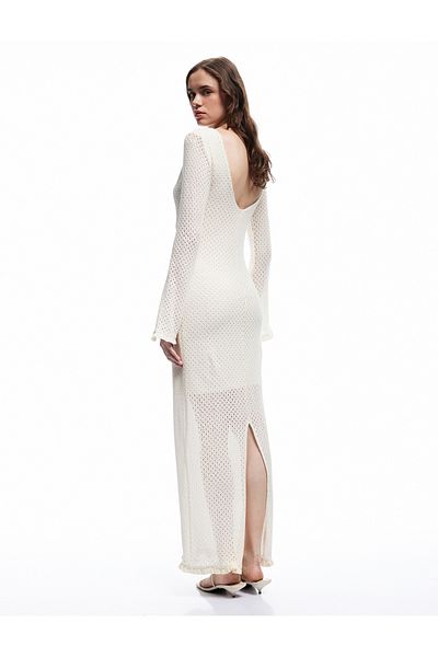 Koton X Melis Ağazat - Lined Long Spanish Sleeve Round Neck Long Crochet Dress with Accessory Detail
