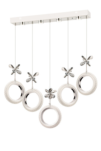 İstanbul Avize Halka 5'li Sıralı Gümüş Kumandalı 3 Renk Kumandalı Led Taşlı Ledli Avize