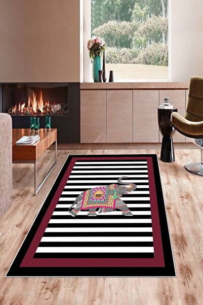 on the clouds Fuşya Fil Desenli Çerçeveli Yıkanabilir Kaymaz Taban Leke Tutma...