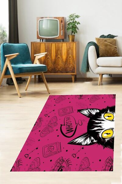 on the clouds Kedi Desenli Dijital Baskı Yıkanabilir Kaymaz Taban Modern Salo...