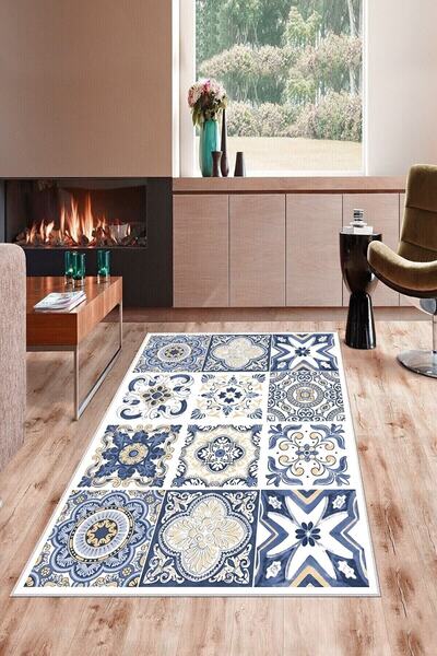 on the clouds Mavi Patchwork Desen Geometrik Yıkanabilir Kaymaz Taban Leke Tu...