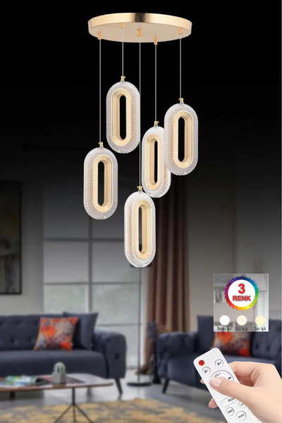 İstanbul Avize İstanbul Avize Beta 5'li Gold Ledli Modern Kumandalı 3 Renk Le...