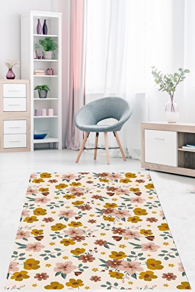 on the clouds Soft Renkli Minimal Çiçek Desenli Yıkanabilir Kaymaz Taban Leke...