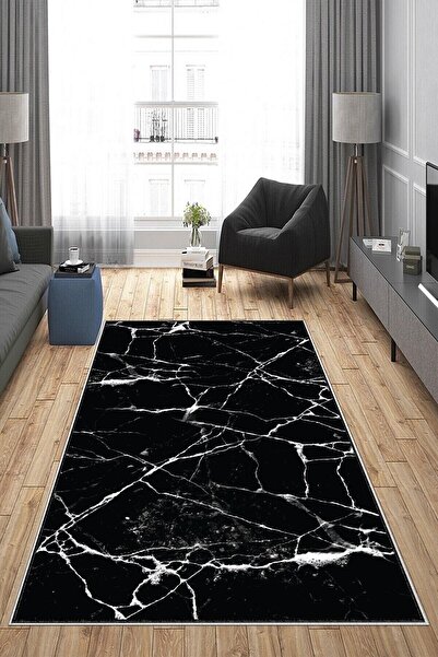 on the clouds Siyah Mermer Desenli Yıkanabilir Kaymaz Taban Leke Tutmaz Moder...