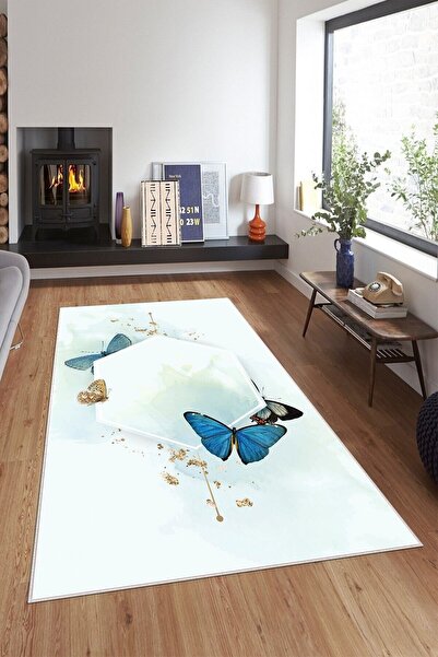 on the clouds Beyaz Zemin Kelebekli Yıkanabilir Kaymaz Taban Leke Tutmaz Modern Salon Halısı Ve Yolluk