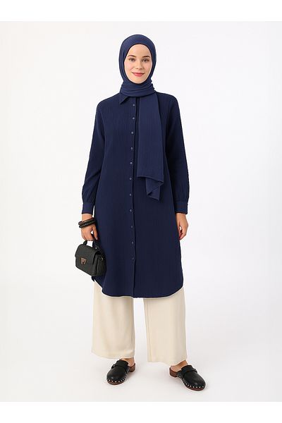 Benin Βαμβακερό Μουσελίνα Μακρύ Μπουνιέ - Navy Blue - Benin