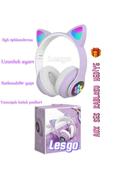 LESGO Kablosuz Bluetooth 5.0 Led Işıklı Kedili Kulaklık Aux Hediye Tüm Telefo...