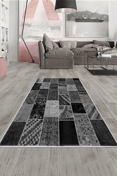 Genel Markalar Gri Patchwork Kırkyama Desenli Yıkanabilir Kaymaz Taban Leke T...