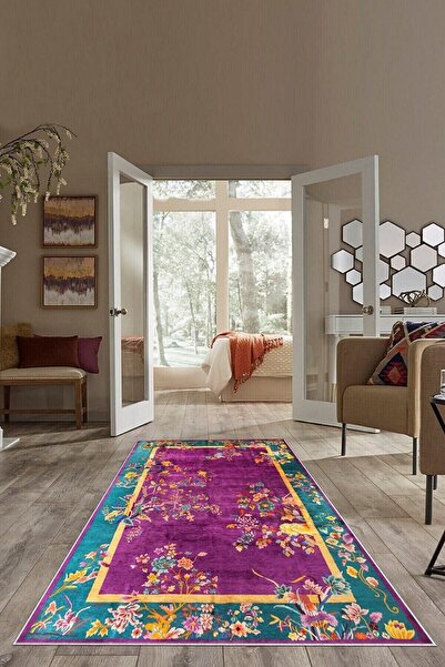 farbala Mor Zemin Çiçek Desenli Yıkanabilir Kaymaz Taban Leke Tutmaz Yazlık E...