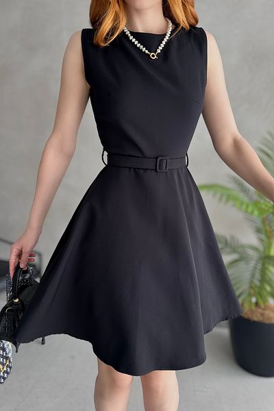 Fav Style Women's Crew Neck Sleeveless Skirt Flounced Belt Short Dress Black
