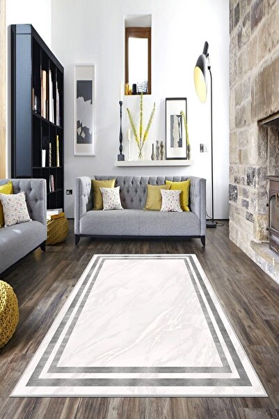 farbala Beyaz Zemin Mermer Desenli Yıkanabilir Kaymaz Taban Leke Tutmaz Yazlı...