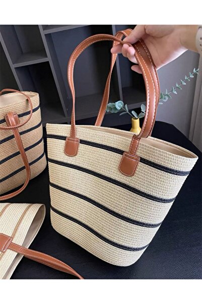 Axesoire NWC-1043-1 Geantă de paie neagră bej cu dungi