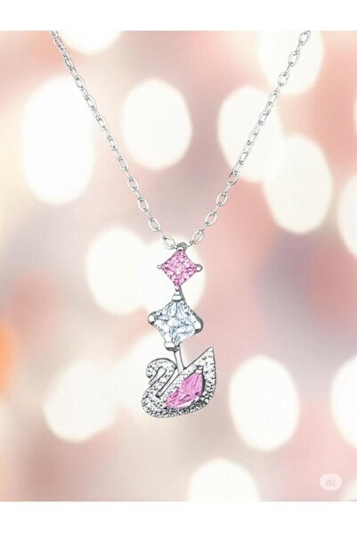 magische Gümüş Renk Zarif Taşlarla Süslenmiş Kuğu Kadın Kolye