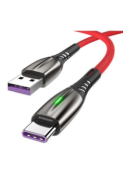 EMESZON LED data cable Quick charging 3.0 5A 1m, EMESZON®, Type-C USB data transfer, phone charging, red