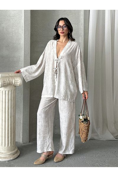 MD trend Women's Lace-Up Kimono - Pants Set