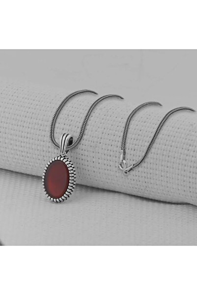 shop Kırmızı Akik Taşlı Oval 925 Ayar Gümüş Erkek Kolye