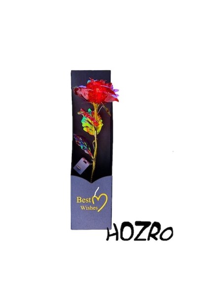 HOZRO Trandafir artizanal cu tulpină aurie și LED, în cutie, roșu, 28 cm