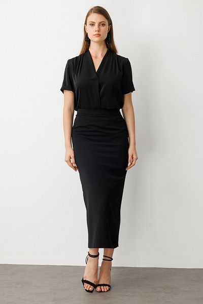 Ekol Slit Look Long Skirt Black