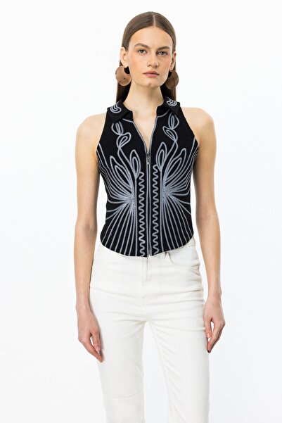 Mi Pret a Porter Mi Önü Sim Nakışlı Ceket Yaka Yelek