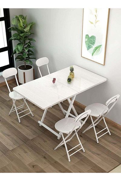 Taimi طقم طعام قابل للطي من 5 قطع، طاولة خشبية 120×60×74 سم مع 4 كراسي قابلة للطي بإطار معدني - أبيض