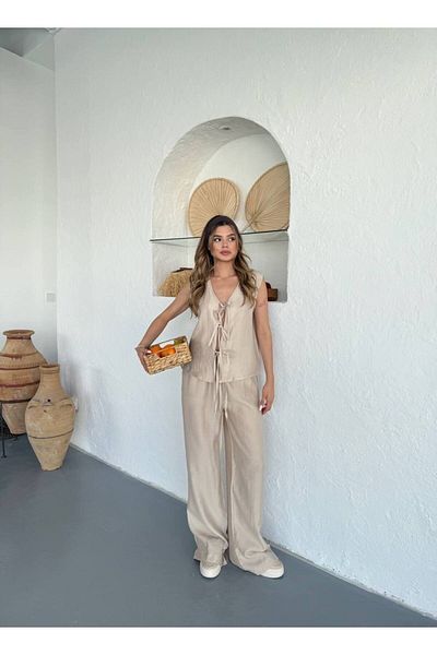 Ahsenbutik Women's Front Lace-Up Sleeveless Blouse Loose Leg Summer Suit