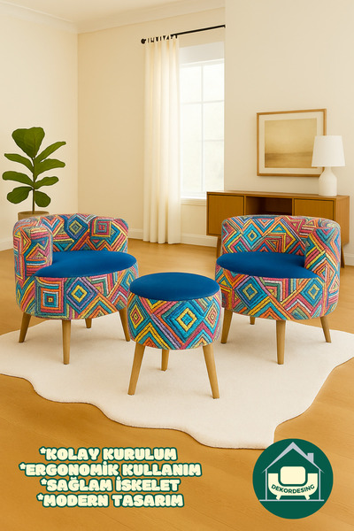 DEKOR MOBİLYACIM Netherland Lacivert Çay Seti İkili Koltuk Berjer Ve Puf Takımı