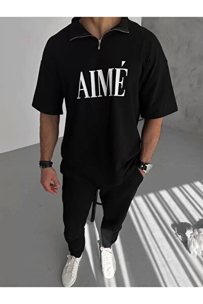 DİMA OFFİCİAL Men's Half Zip Short Sleeve Printed T-Shirt - Black