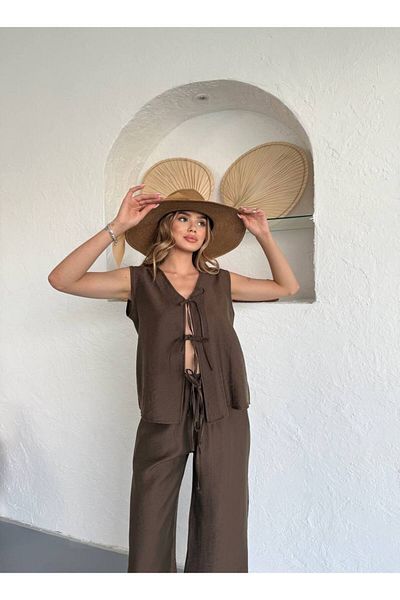 Ahsenbutik Women's Front Lace-Up Sleeveless Blouse Loose Leg Summer Suit