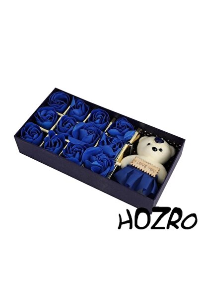 HOZRO Cutie cu 12 Trandafiri de Sapun si Ursulet Plus, Albastru