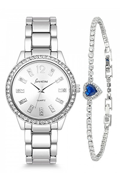 Forentina Taşlı Gri Kol Saati-Lacivert Taşlı Kalp Bileklik Kombin PS4085
