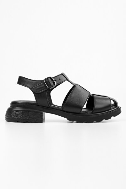 Shoeberry Women's Sandy Black Genuine Leather Sandals