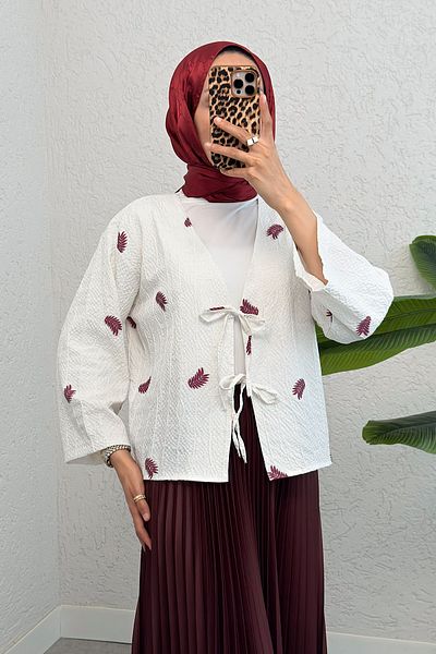 Salih Çelebi Cord Lace Palm Kimono 2333 - Bordo