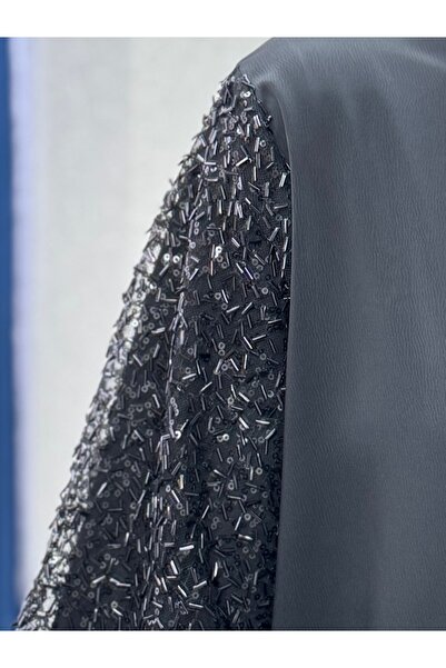 Mihra Serique Sleeve Sequin and Tulle Detail Satin Dress-Pa9565 Black