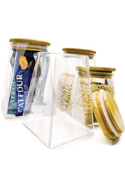 Quasar & Co. Set 3 recipiente depozitare alimente,Quasar & Co.,capac bambus,borcan etans,piramidal,sticla,500 ml