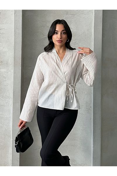 MD trend Γυναικεία μπλούζα με λαιμόκοψη V με κορδόνια