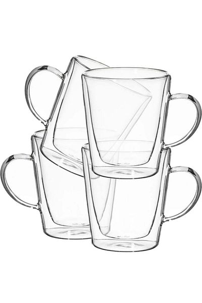 Quasar & Co. Set of 4 Double Walled Mugs, 250 Ml, Straight Model, Heat Resistant, Transparent
