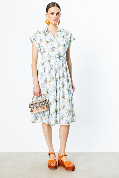 Ekol Desenli İnci Düğmeli Elbise