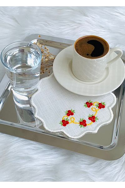 Mora Tekstil Flower Embroidered Coffee Coaster, Presentation Napkin, Coffee Glass Coaster, 6-Piece Cocktail Napkin