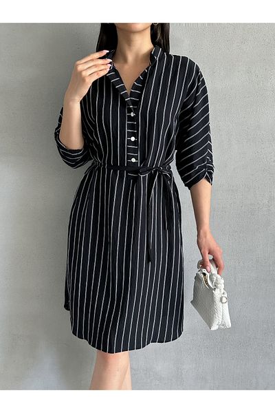 MD trend Γυναικείο ριγέ φόρεμα με κουμπιά Midi μήκους