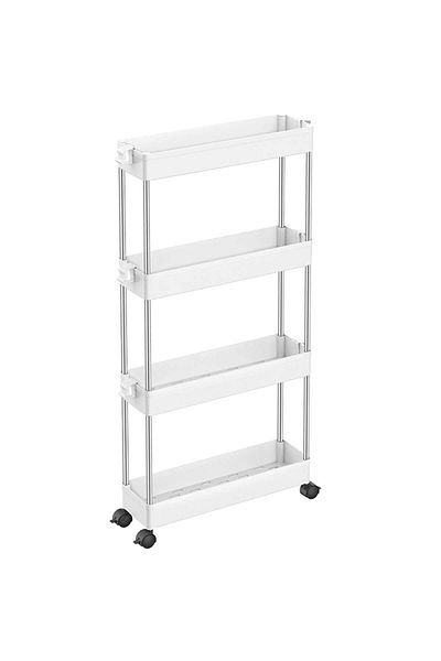 Quasar & Co. Storage Shelf, with Wheels, 4 Shelves, For Narrow Spaces, 40x12x86.4 Cm, Abs/Stainless Steel, White