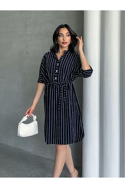 MD trend Γυναικείο ριγέ φόρεμα με κουμπιά Midi μήκους