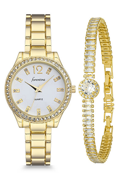 Forentina Metal Gold Renk Kol Saati-yuvarlak Taşlı Baget Bileklik Ps4082