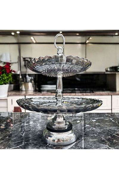Peramari Decorative Metal Glass Two Storey Presentation Stand Silver