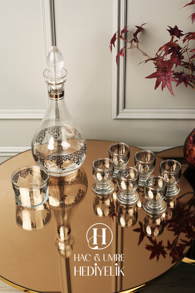 Hac Umre Hediyelik Cam Sunum Takımı 8 Parça | Gümüş Dekoratif Karaf Seti | Lü...